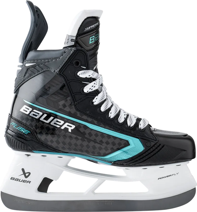 Bauer Supreme Fuse ice hockey skate in side view: black with teal accents and a white holder