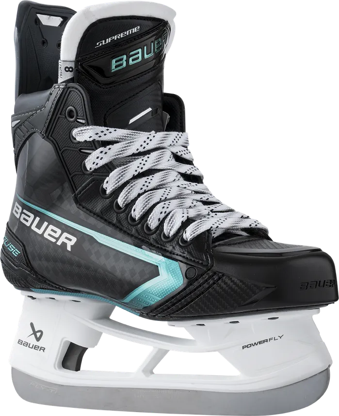 Bauer Supreme Fuse ice hockey skate in three-quarter view: black with teal accents and a white holder